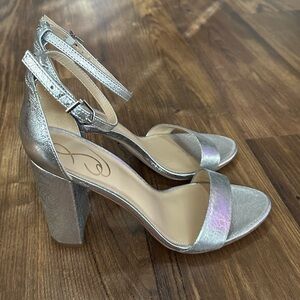 Sam Edelman Silver Metallic Ankle Strap Block Heel Sandals Women’s Size 9